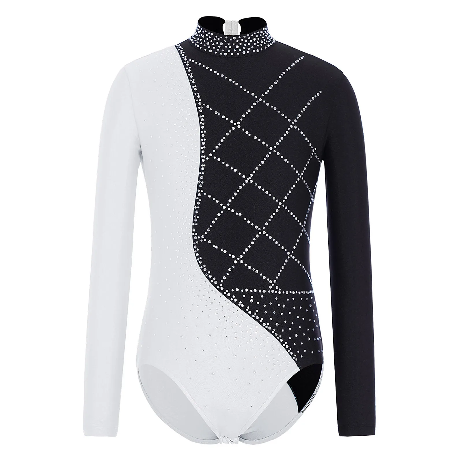 Body da danza classica per ragazze con strass Ginnastica ritmica Pattinaggio di figura Costume da spettacolo di danza Body da ballo a maniche lunghe