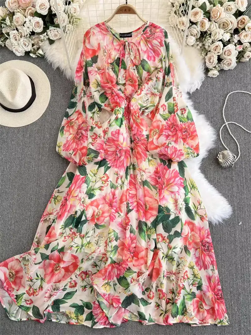 

Vacation Style Dress For Women's Summer 2024 New Style French Retro Print Loose Slimming Temperament Long Chiffon Dress K1868
