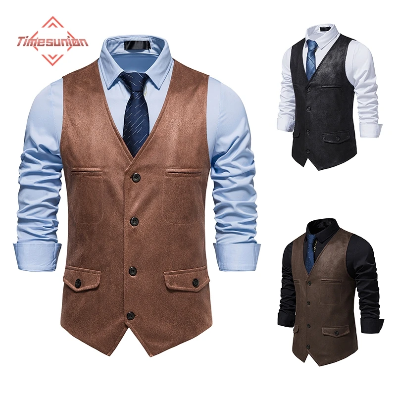 Suede Vest Men Outerwear Men's Vest V-neck Vintage Slim Fit Single Breasted Vest Male Pockets Office Waistcoat Vest Man