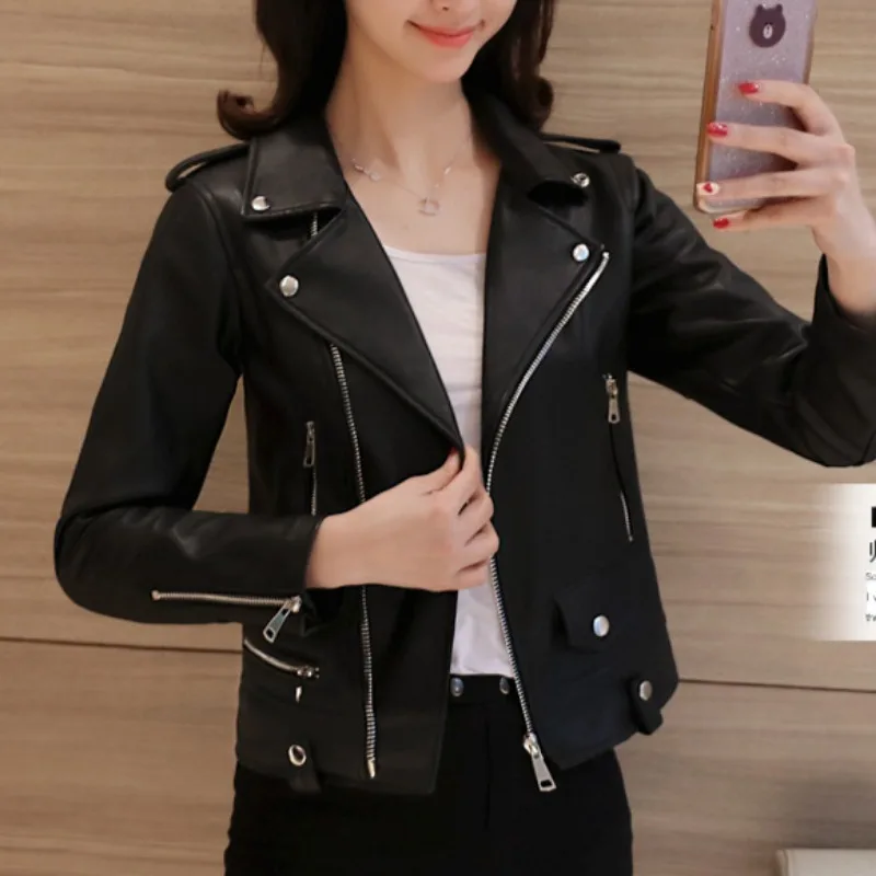 Fashionable Versatile Leather Jacket High Street Harajuku PU Leather Women Short Slim Fit Small Coat Motorcycle Suit Jacket