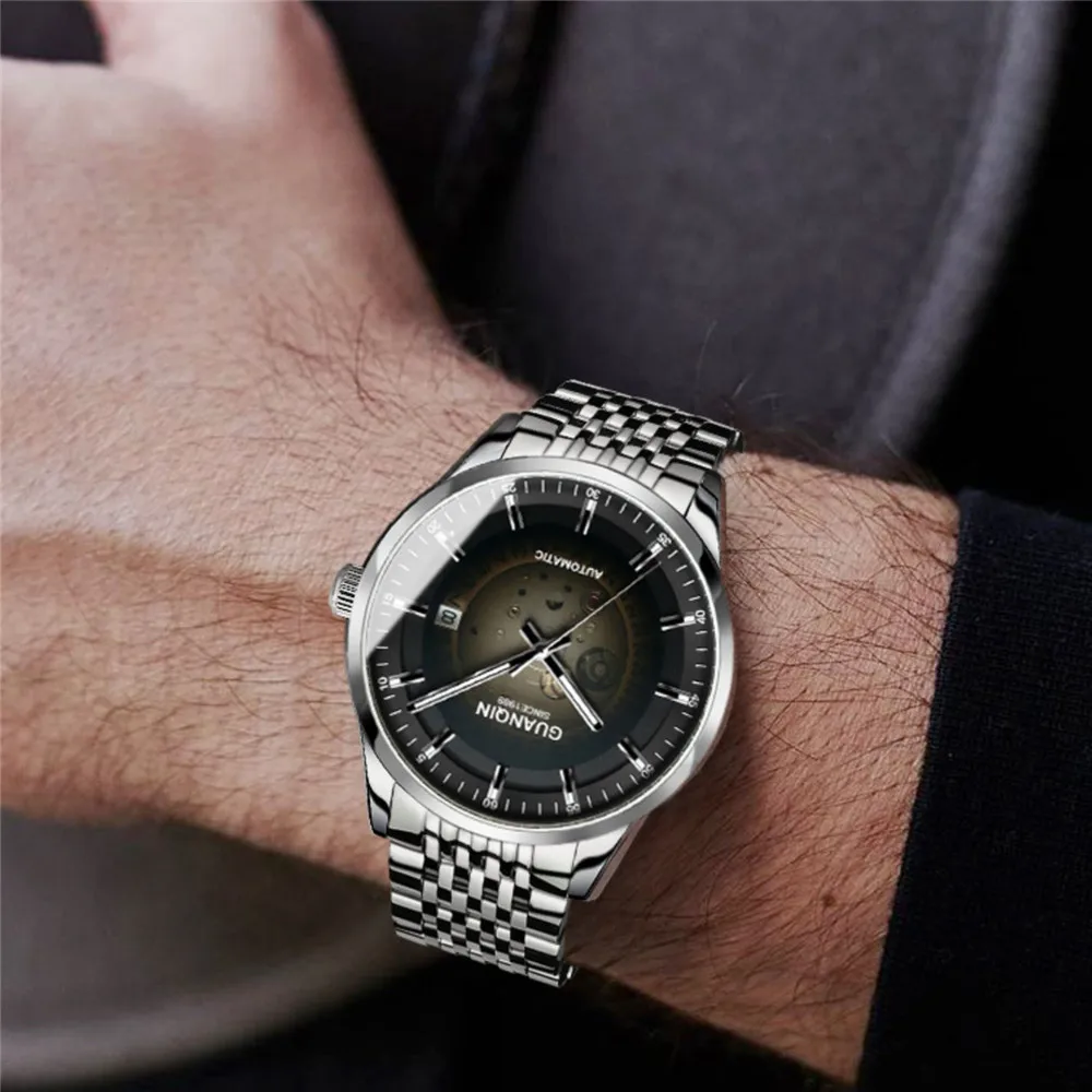 GUANQIN Brand Steel Watch Men Sapphire Crystal MIYOTA Automatic Mechanical Wristwatch Man Waterproof Calendar Luminous Clock