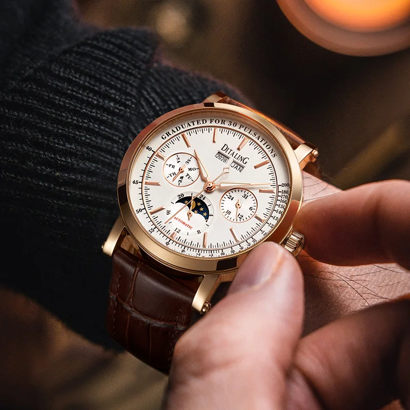 DITALING Men Automatic Watch 43mm Mechanical Wristwatch 50M Waterproof Sapphire Mirror Multi-Dial Year Month Week Date 24 Hours