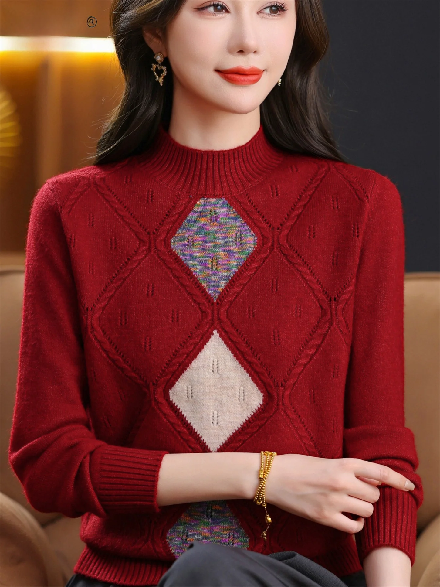 

Autumn Winter New Sle Diamond Patterned Loose Fit Sweater f High Collar Base Layer irt for Middle-Aged And ly Women