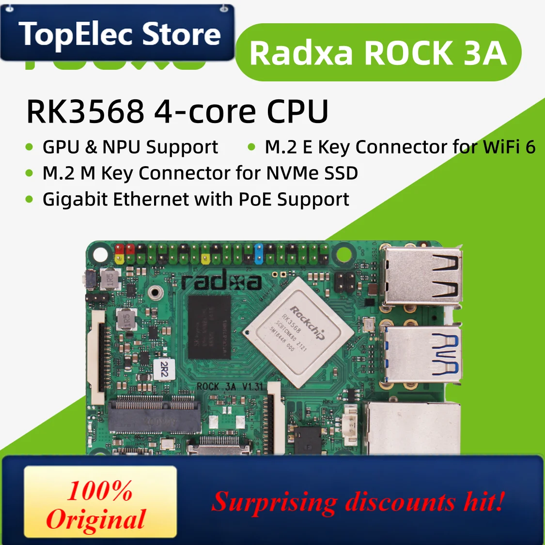 TopElec Radxa ROCK 3A RK3568 4-core CPU SBC, GPU, NPU, and HDMI with 4K Output,Single Board Computer