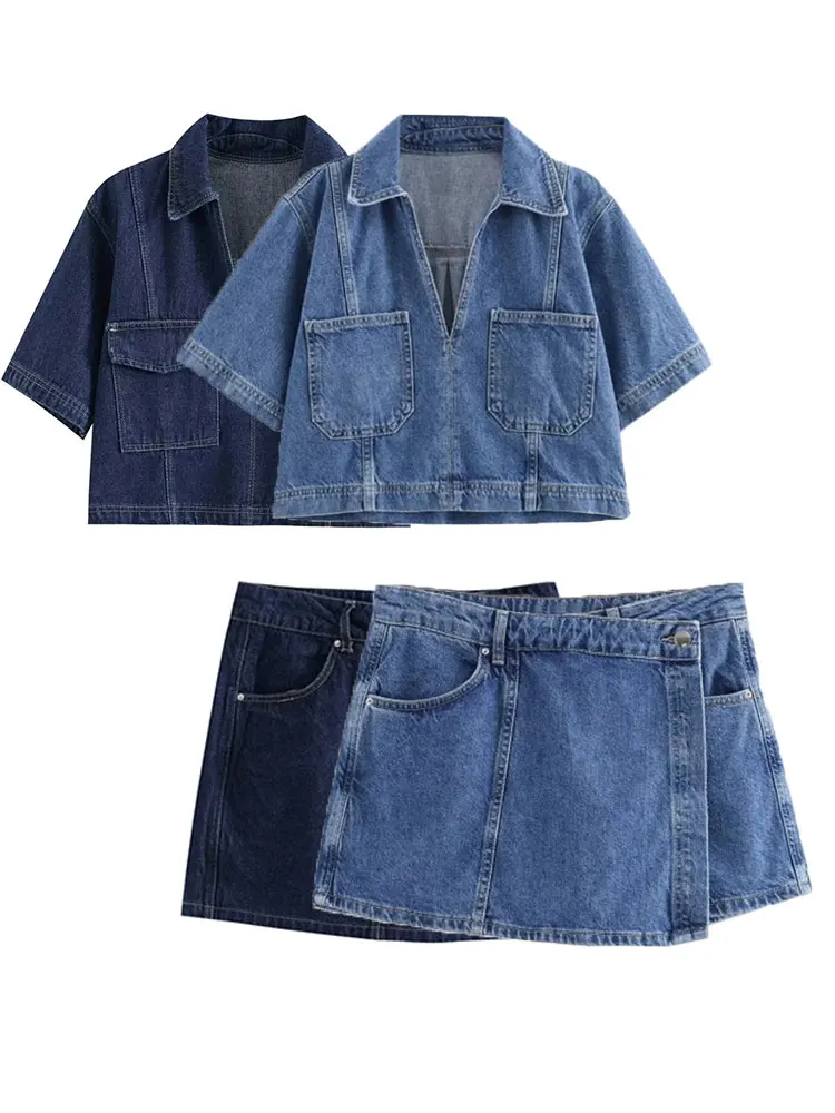 TRAF 2024 letnie Denim dwuczęściowy zestaw z krótkimi rękawami kieszonkowy damski Top Mini spodenki modne w stylu Casual, damska 2-częściowe zestawy