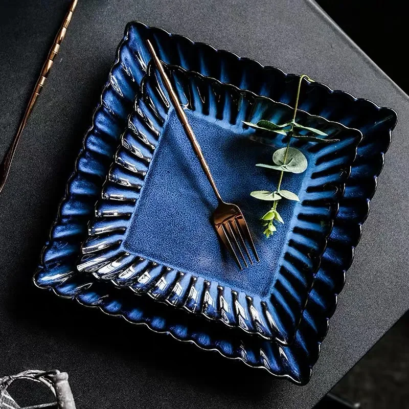 

Ceramic Klin Glazed Blue Porcelain Tableware Restaurant Western-style Food Dish Square Dinner Platter Wholesale Q6L3A7