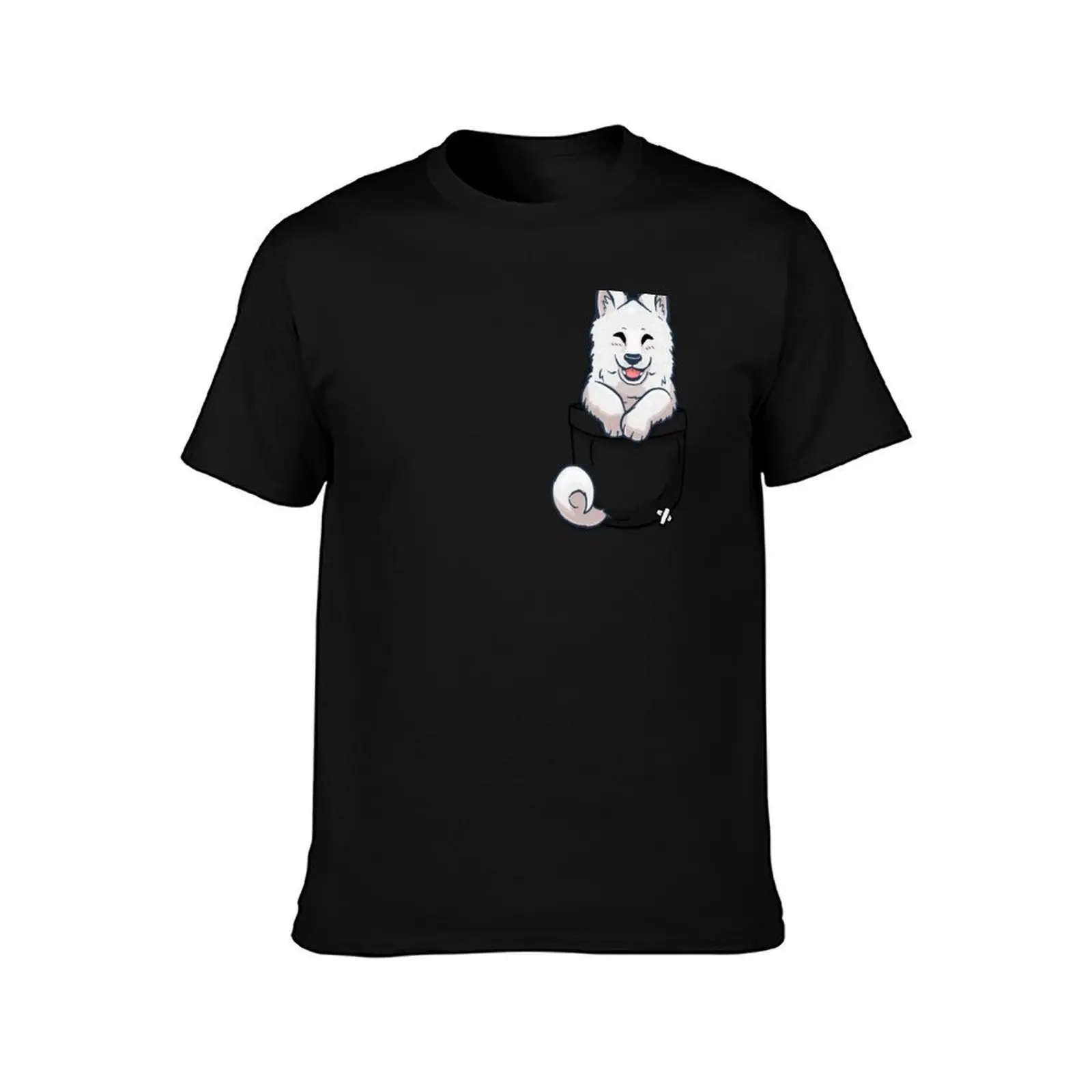 Pocket Samoyed T-Shirt, Summer Casual Cotton Tee, Oversized Streetwear Tops, Vintage Graphic Print, Loose Fit Short Sleeve