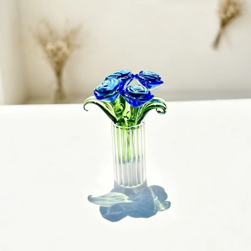 Mini Glass Rose Combination Vase Flower Arrangement Handmade Decoration, Suitable for Bedroom and Office Desktop Decoration