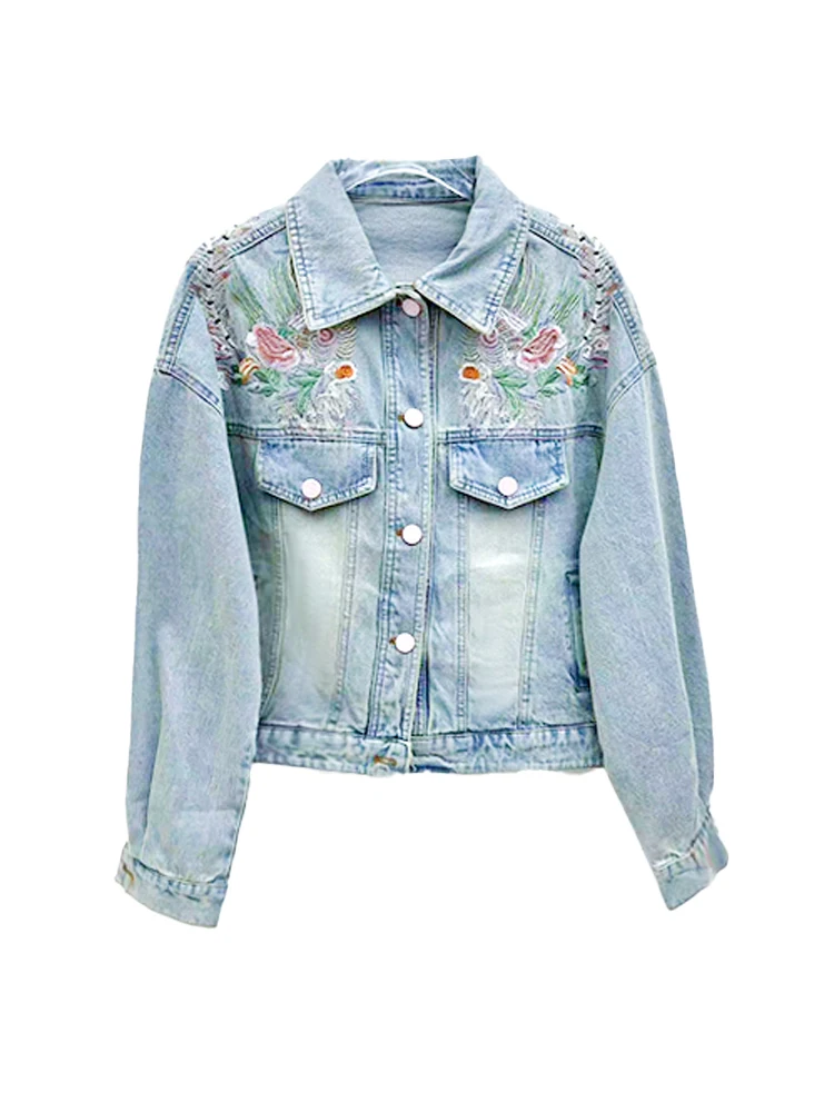 Women's 2025 Spring New Fashion Embroidered Single-breasted Tops Feminine Long-sleeve Denim Jackets Ladies Beautiful Denim Coats