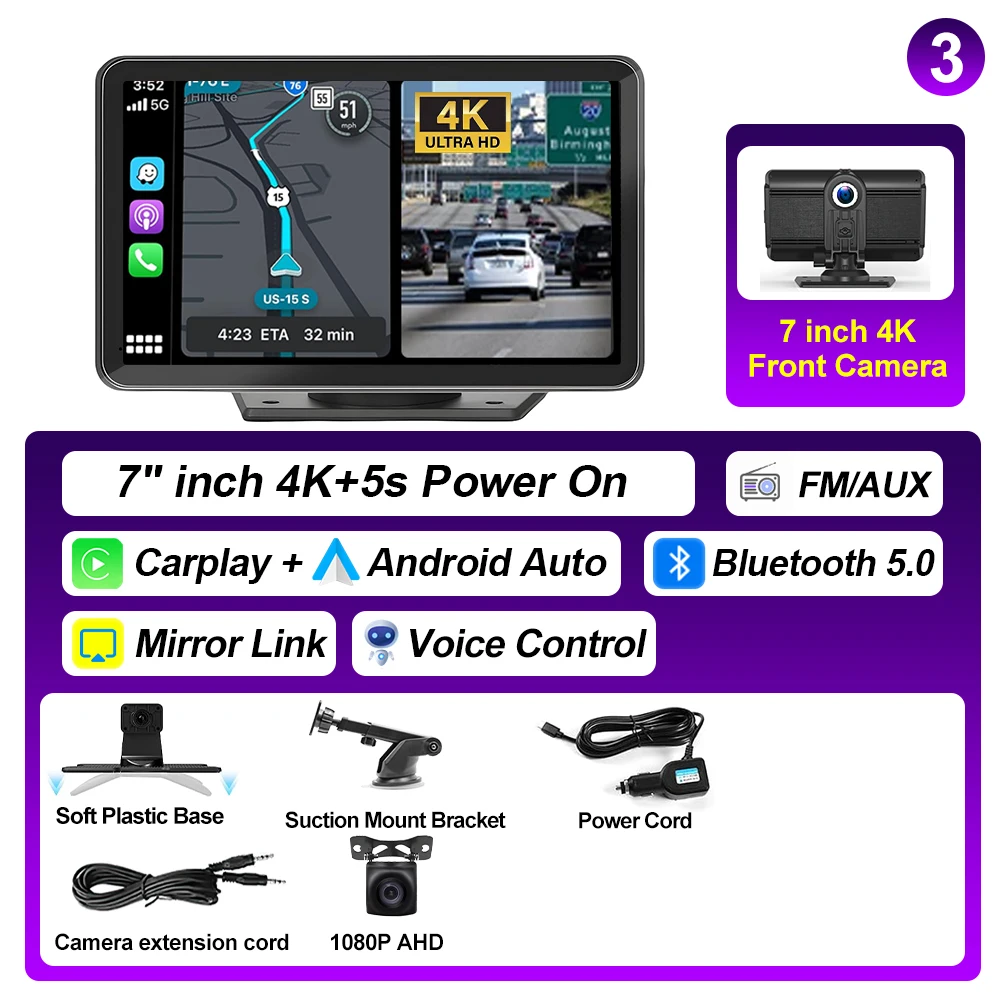 XIMA 7'' 4K Dash Cam Car Mirror Video Player Wireless Carplay Android Auto GPS Car Monitor Multimedia Rearview Camera Dashboard image 3