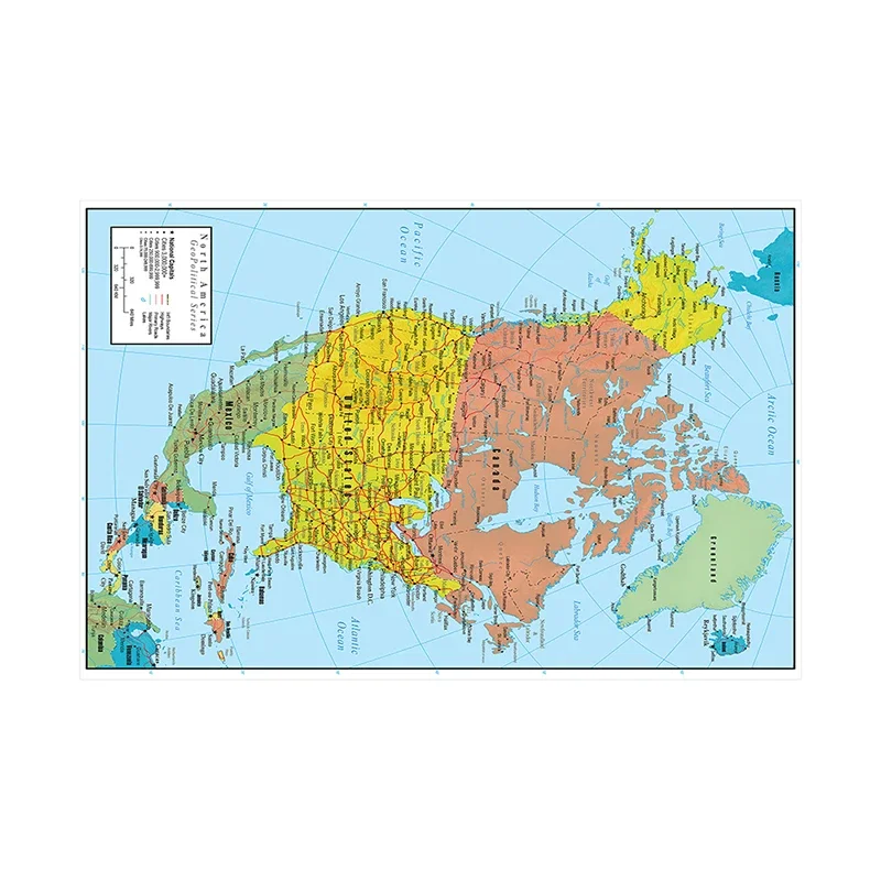 Mapa político e de trânsito da américa do norte, pôster de arte de parede francês, pintura em tela não tecida, material escolar, 100*150cm