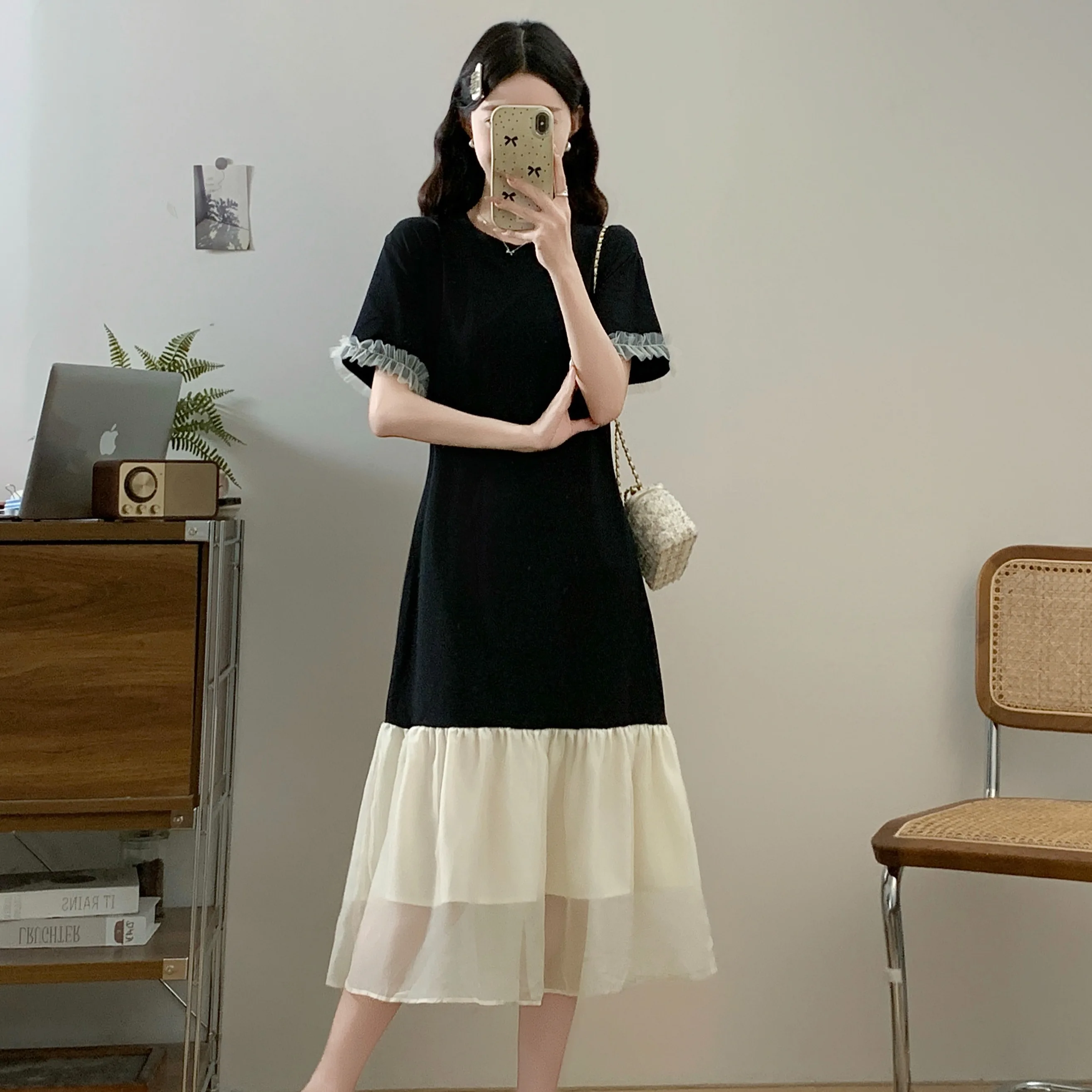 Grande taille lâche Dres femmes 2025 été nouveau Sle Midi a-ligne t-shirts jupe avec coréen Sle taille ample ort Sve Sli...