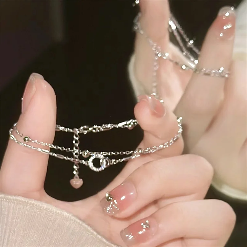 Korean Delicate Silver Color Geometric Bracelet For Women Girl  Double Layer Bow Star Moon Adjustable Chain Bangle Party Jewelry