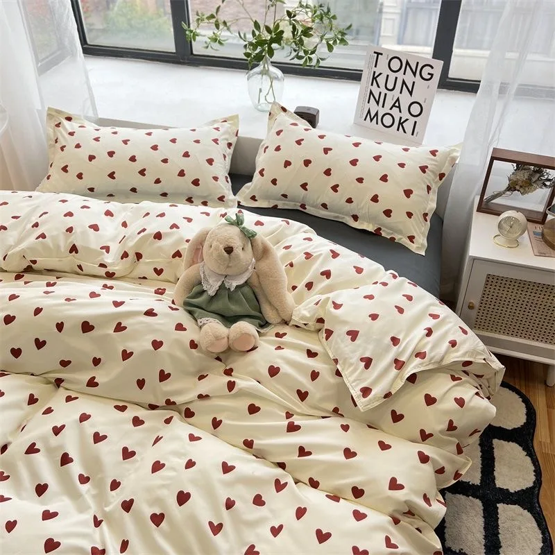 Ins Heart Duvet Cover Set No Filler Korean Style Bedding and Flat Sheet Pillowcase Single Double Full Size Soft Girls Bed Linens