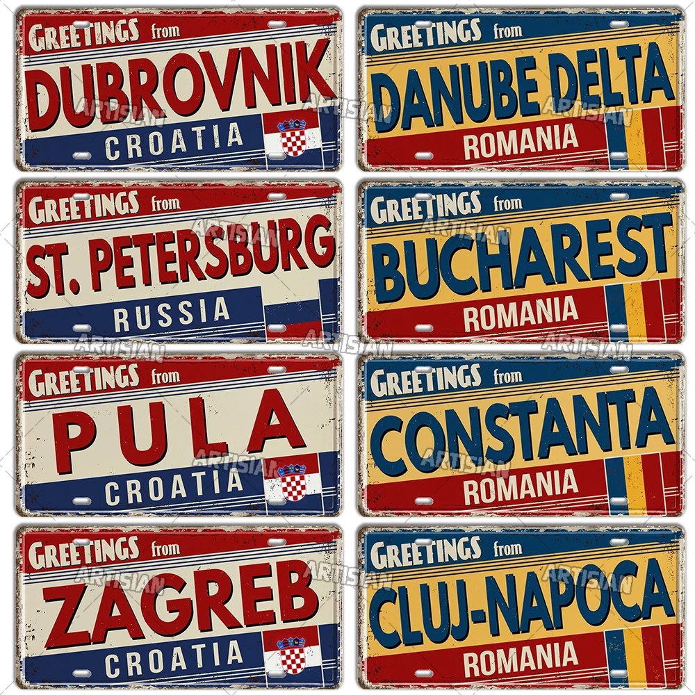 Artisian Slavic Croatia Estonia Latvia Lithuania Romania Hungary Ukraine Russia License Plate Landmark Metal Sign City Plaque