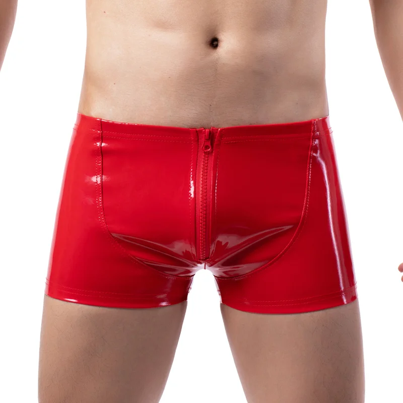 Sexy Mens Soft Underwear Faux Leather Zipper Boxers Underpants Male Comfortable Gay Panties Bulge Pouch Boxer Shorts Man Wetlook