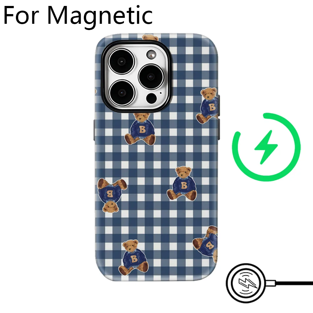 Magnetic Phone Case for iPhone 17 16 15 14 13 12 11 Pro Max Plus Air Double-layer Back Cover Luxury Clmj Plaid Teddy Bears Cool view 2