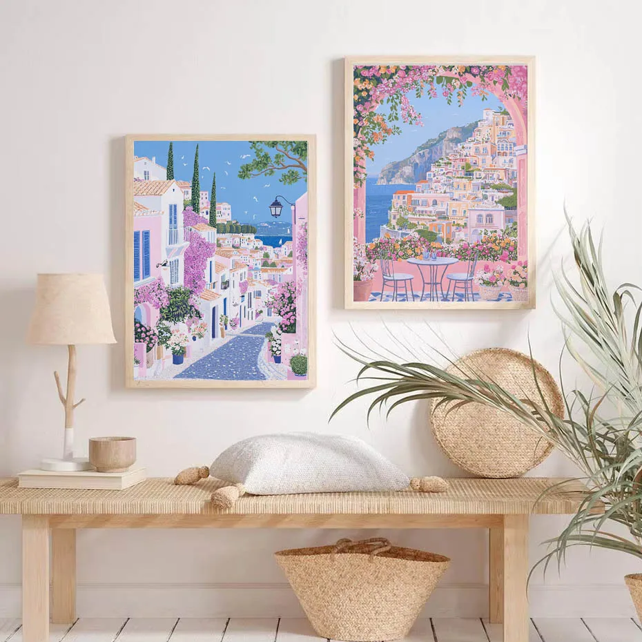 1pc Modern Cityscape Travel Mural Pink Flowers Nature Landscape Buildings Art Poster European City Mural Unframed Home Decor view 2