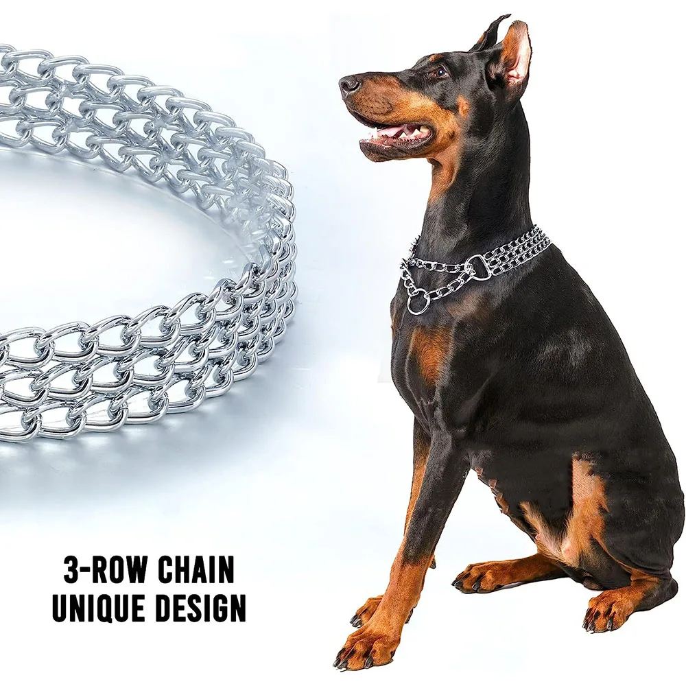 Strong Dog Chain Collar Chew Proof Triple Row Chain Dog Collar Adjustable Walking Collar Metal Cuban Link Dog Collar for Big Dog