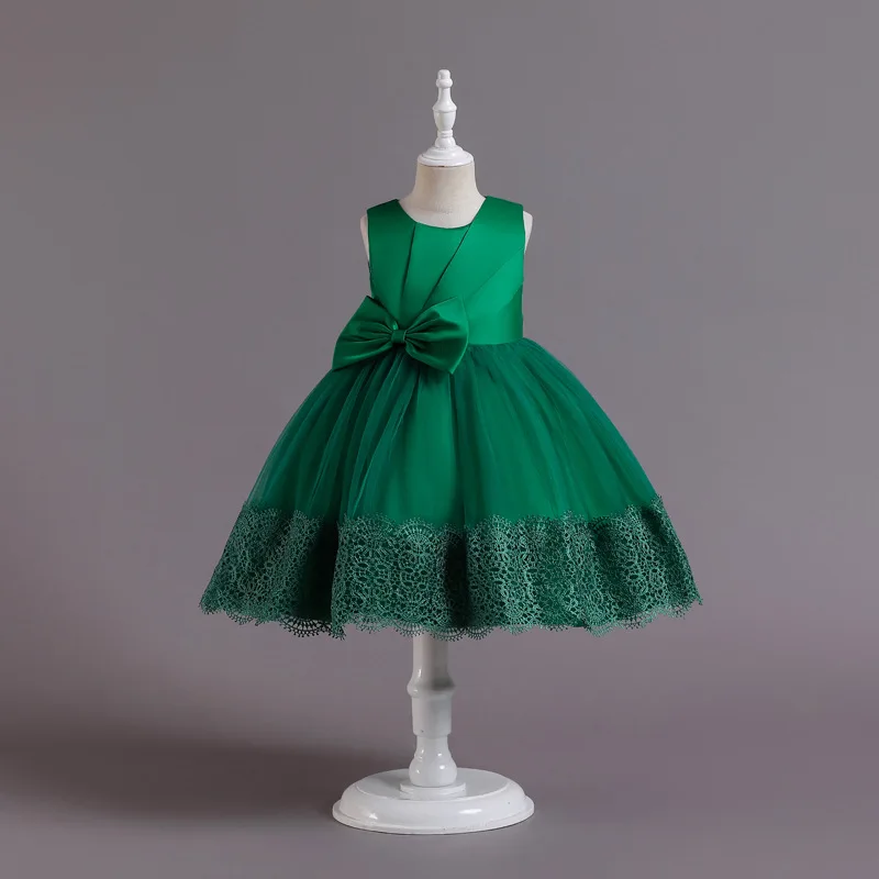 

Kids Sleeveless Satin Paneled Dress Children Delicate Lace Trim Elegant Party Outfit Girls Large Bow Accent Tulle Puffy Skirt