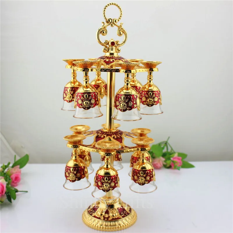 

New double-layer wine cup holder with 12 enamel wine cups for wedding decoration