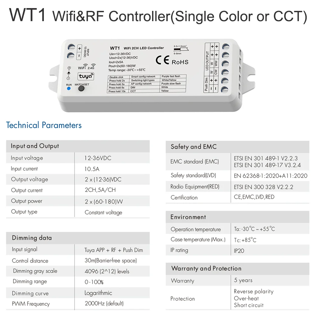 2CH TUYA WIFI Smart LED Dimmer WT1 RF 2.4G Touch Remote Dimming DC12V-36V 5050 COB WW/CW/CCT LED Strip Light for Alexa Google