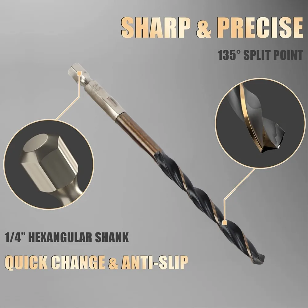 13pcs 1/4 Inch Hex Shank Twist Drill Bit Set 1.5-6.5mm Size Range HSS Material Hex Shank Drill Bits 1/16IN-1/4IN Diameter