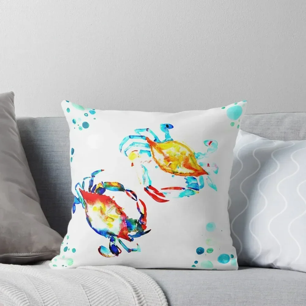 Colorful Blue Crabs + Sea Glass on the Shore Bright Watercolor Throw Pillow christmas ornaments 2025 Pillow Decor pillow