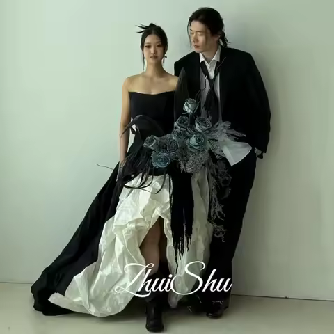 Especially Strapless Wedding Dress White And Black Taffeta Evening Party Dress A Line Pleat Customized 웨딩드레스