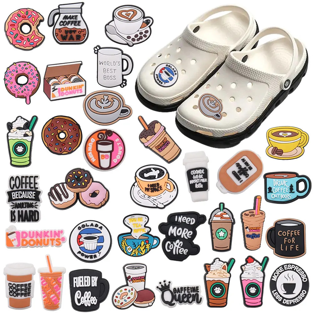 

Mix 50pcs PVC Shoe Charms Food Donuts Best Boss Caffeine Queen Make Coffee Not War Sandals Shoes Decoration Slipper Accessories