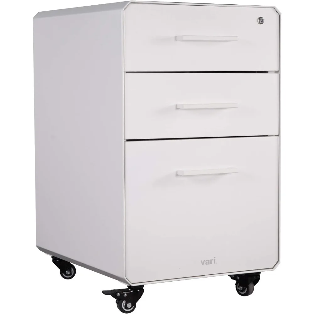 Vari File Cabinet for Office Storage with Three Drawers - Roll & Lock Caster Wheels (White)