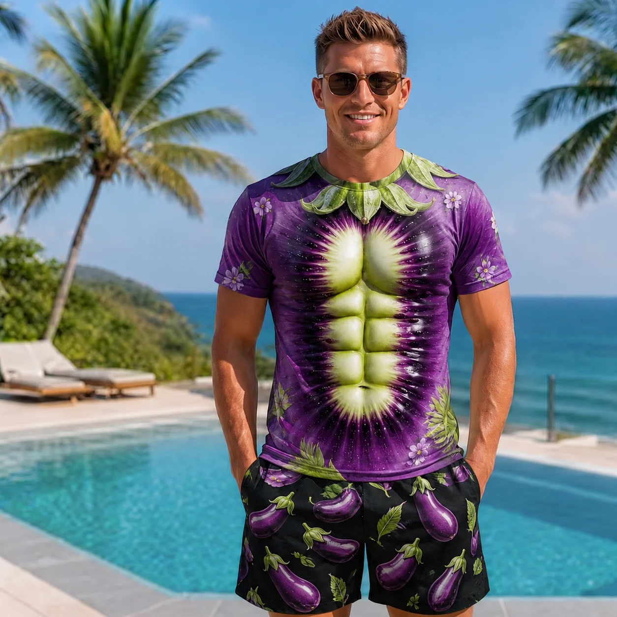 Men 3D Fake Six Pack Abs Eggplant Print T Shirt Funny Vegetable design Summer Casual Vacation hawaiian tee shirt top