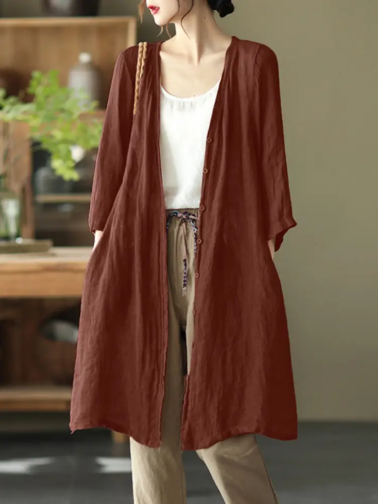 2025 herbst Strickjacke ZANZEA Frauen Vorne Offen Kimono Dünne Mäntel Casual Langarm Blusen Weibliche Cover Up Solide Lange Strickjacken