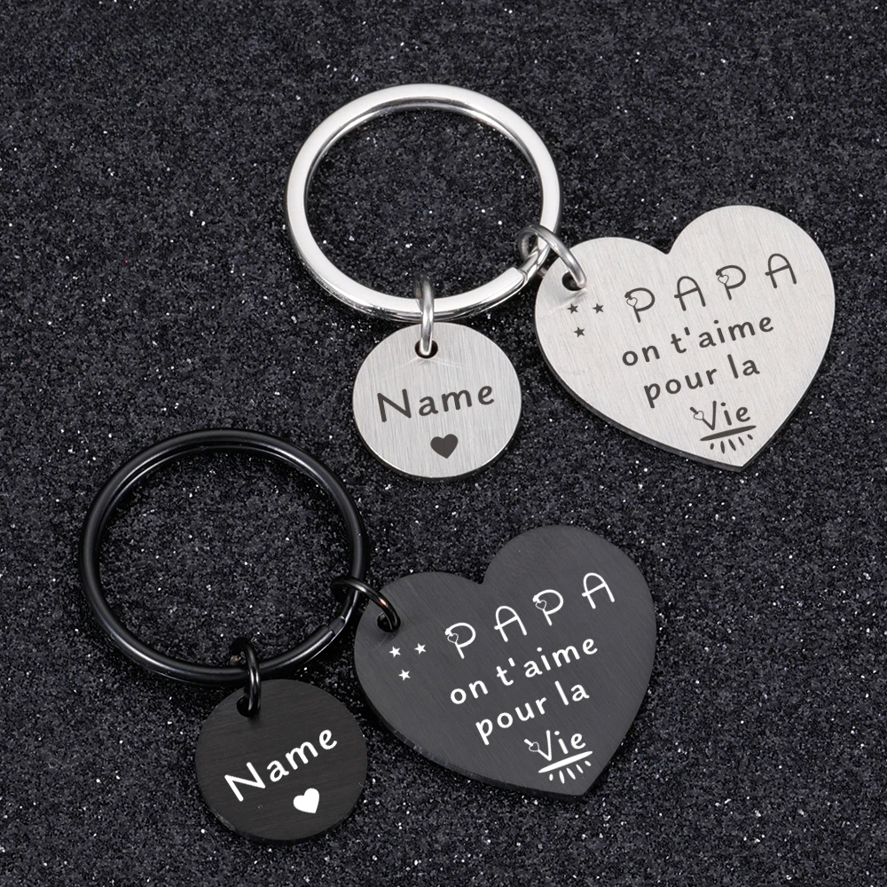 Personalized Keychain Name Engraved PAPA on t'aime pour la vie Keychains Happy Father's Day Gifts for Best Dad Hero Key Rings