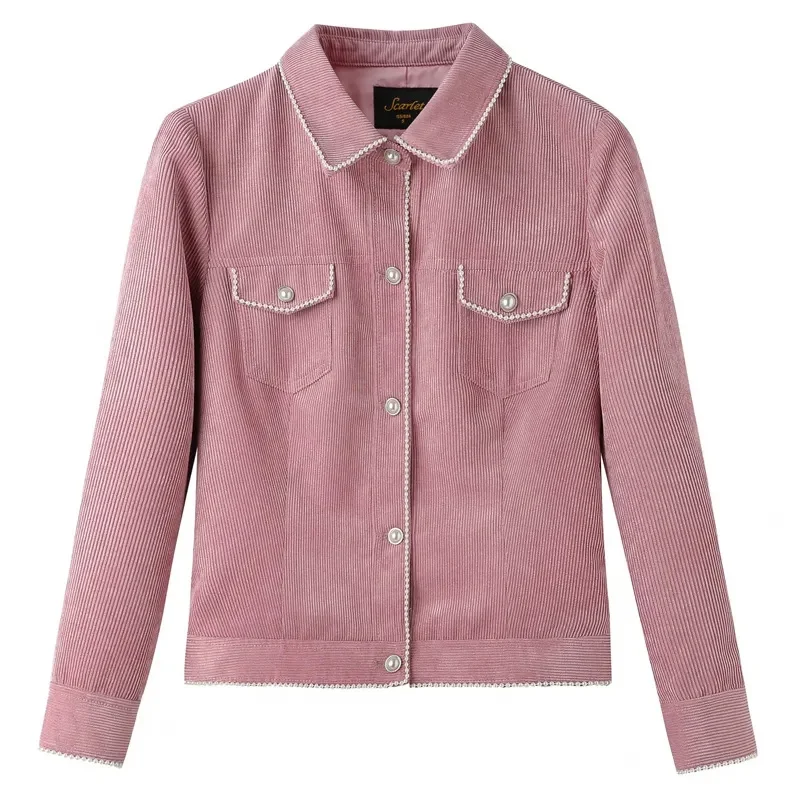 2023 Spring Autumn Pink Corduroy Short Jacket Women Small Coat Nail Bead Single-breasted Casual Outerwear Lady Tops With Lining