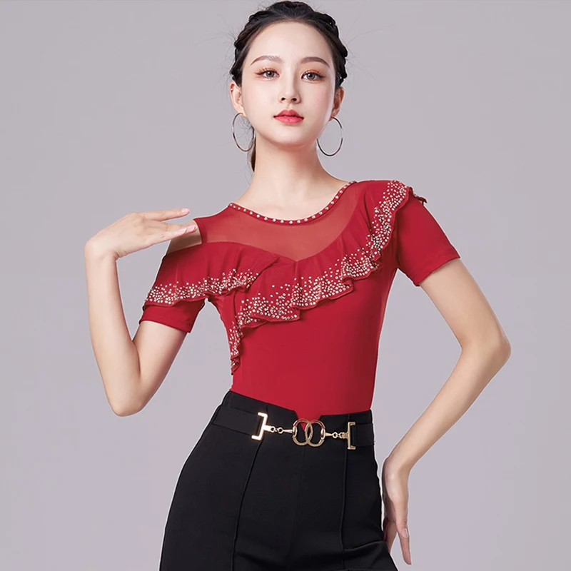 

3 Colors Latin Dance Clothes Off-Shoulder Rhinestones Bodysuit Ballroom Tango Practice Wear Women ChaCha Dancing Costume DL10522