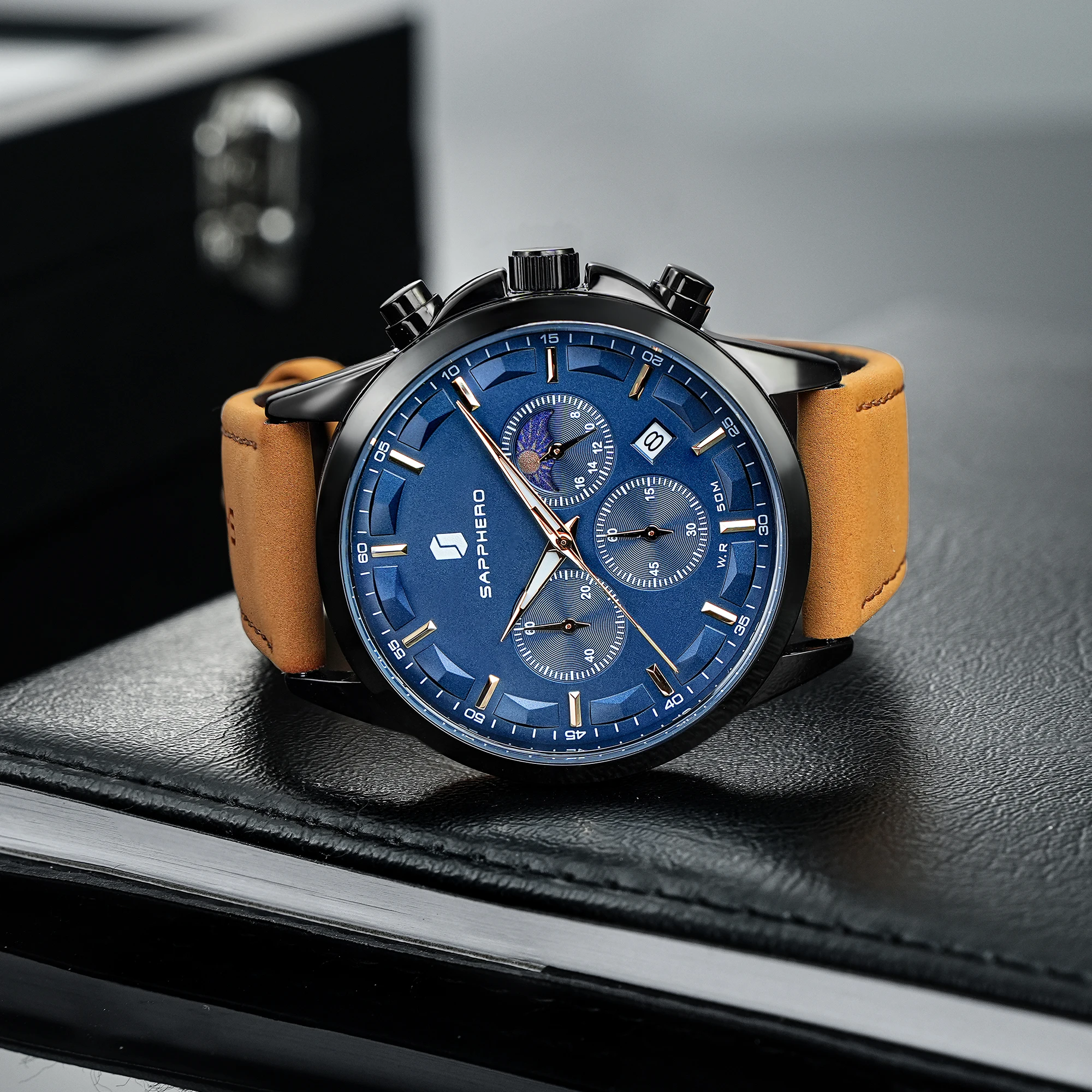 SAPPHERO Men's Chronograph Quartz Watch 5ATM Waterproof Hardlex Crystal Leather Strap Fashion Sport Wristwatch Business Casual Watch for Men Daily Wear Office Travel Elegant Timepiece Ideal Gift for Father Husband