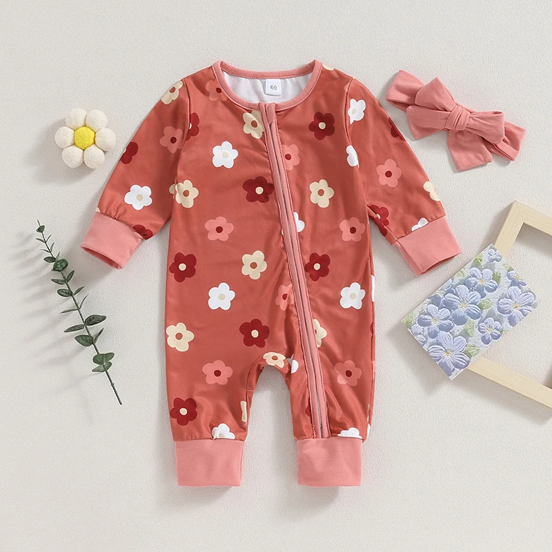 

Newborn Baby Girl Clothes Floral Print Long Sleeve Romper Zipper Jumpsuit Bodysuit with Headband Cute Fall Outfit