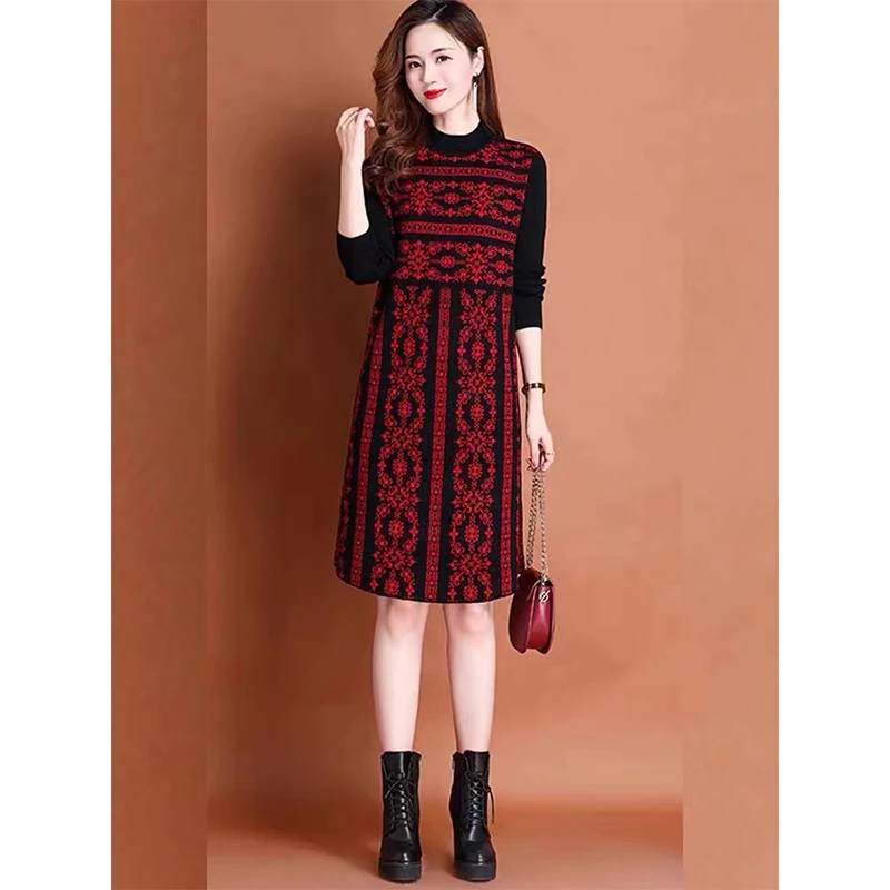 

Women's Knee Length Knitted Vintage Jacquard Dress Spring New Long Sleeve O-neck Thick High Quality Wool Dresses