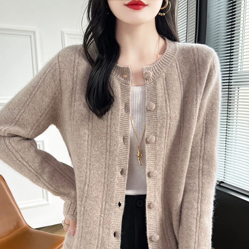 Spring Autumn New Women\'s Clothing 100% Pure Wool Round Neck Knitted Cardigan Fashion Loose Tops Korean Coat Shirt Long Sleeve