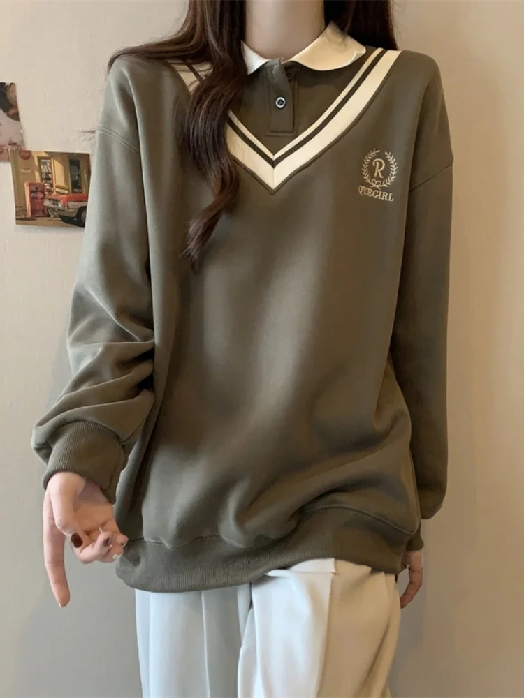American College Style Women's Sweatshirt  Collar Base Shirt plus Size Slimming Shoulder Padded Long Sleeve Commute Style