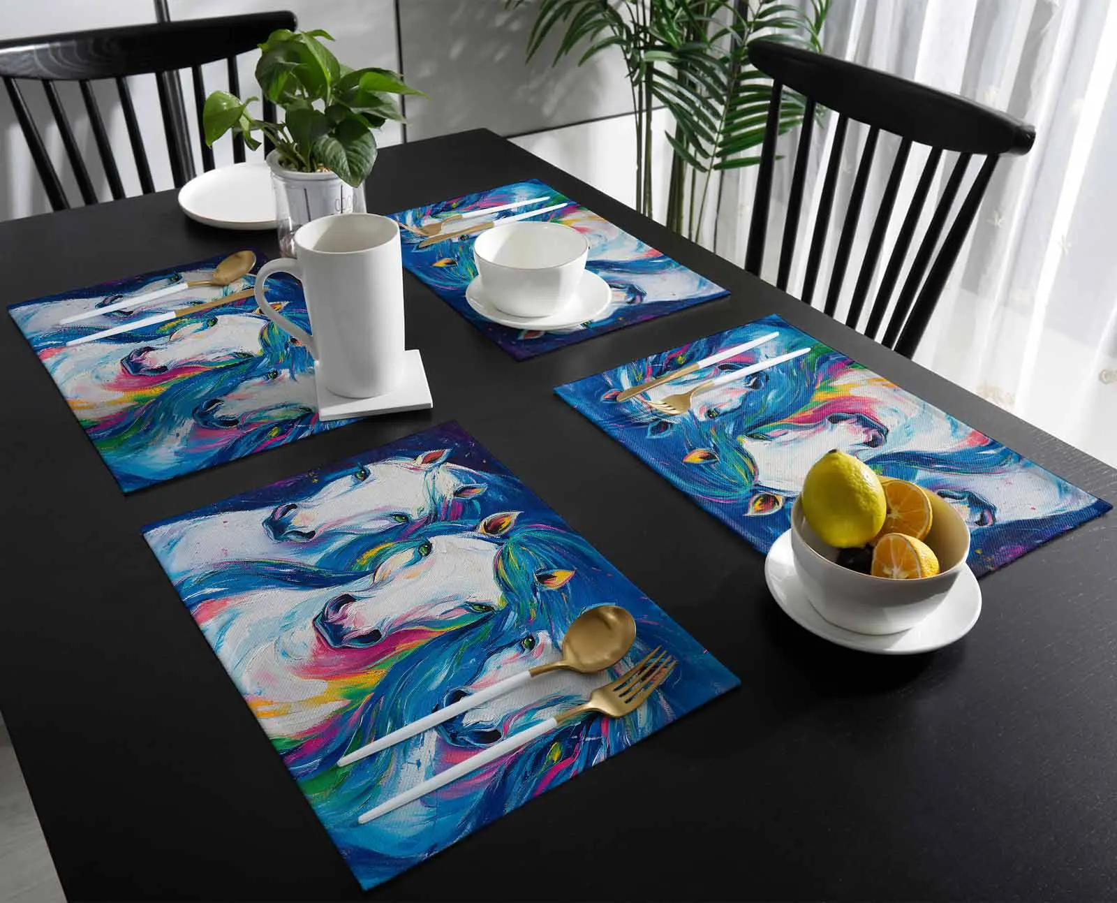 

4/6 Pcs Abstract Horse Art Kitchen Tableware Cup Bottle Placemat Coffee Pads Desktop Mats
