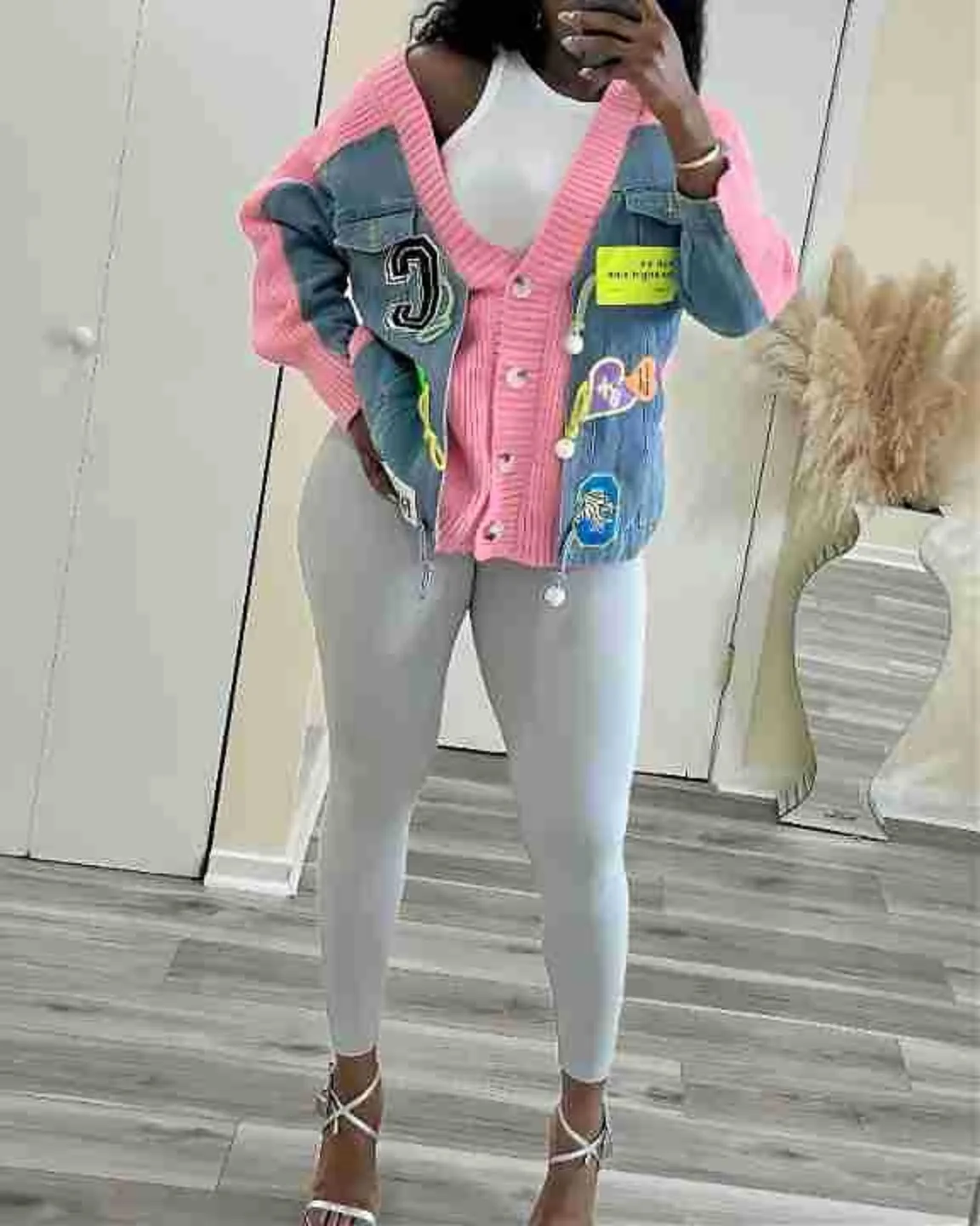 Long Y2K Denim Knitted Cardigans Women Pink Jackets 2023 Winter Fall Clothing Fashion Ladies Coats Knitted Sweaters Jackets