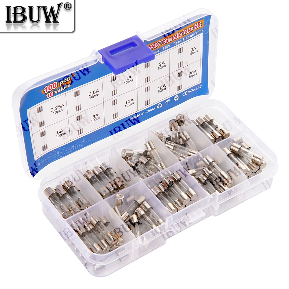 100pcs 5x20mm Quick Blow Glass Tube Fuse Assorted Kit Amp 0.25A 0.5A 1A 2A 3A 5A 8A 10A 15A 20A 250V with Storage Box