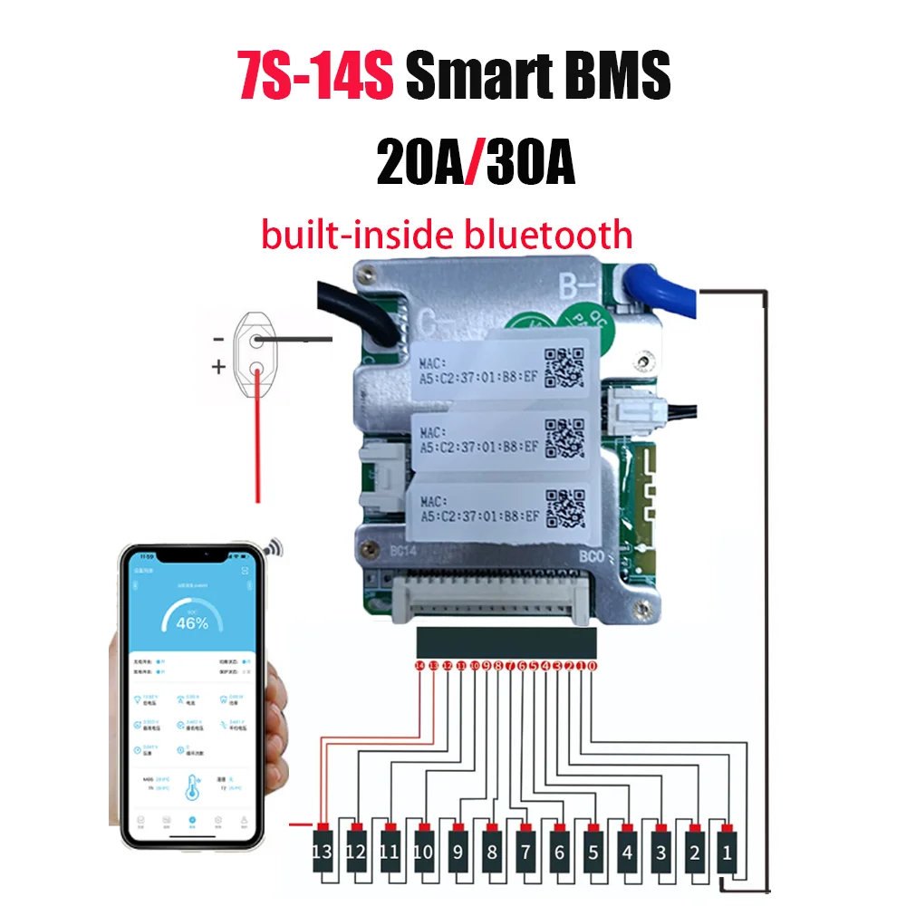 JBD UART 내장 블루투스 스마트 BMS, 배터리 관리 시스템, 도매, 7S, 8S, 24V, 10S, 11S, 36V, 13S, 14S, 48V, LiFePo4, NMC, 20A, 30A