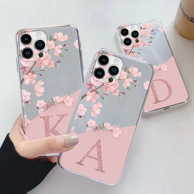 Etui z literami Flowers do iphone 14 Pro Max 14 Plus Capa Clear Soft Silicone Cover do iphone 14+ Fundas Alphabet Transparent Bag