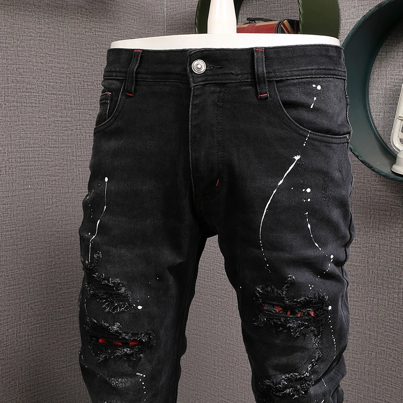 Fashion Streetwear Men Jeans Black Color Stretch Elastic Slim Fit Patched Ripped Jeans Men Painted Designer Hip Hop Pants Hombre
