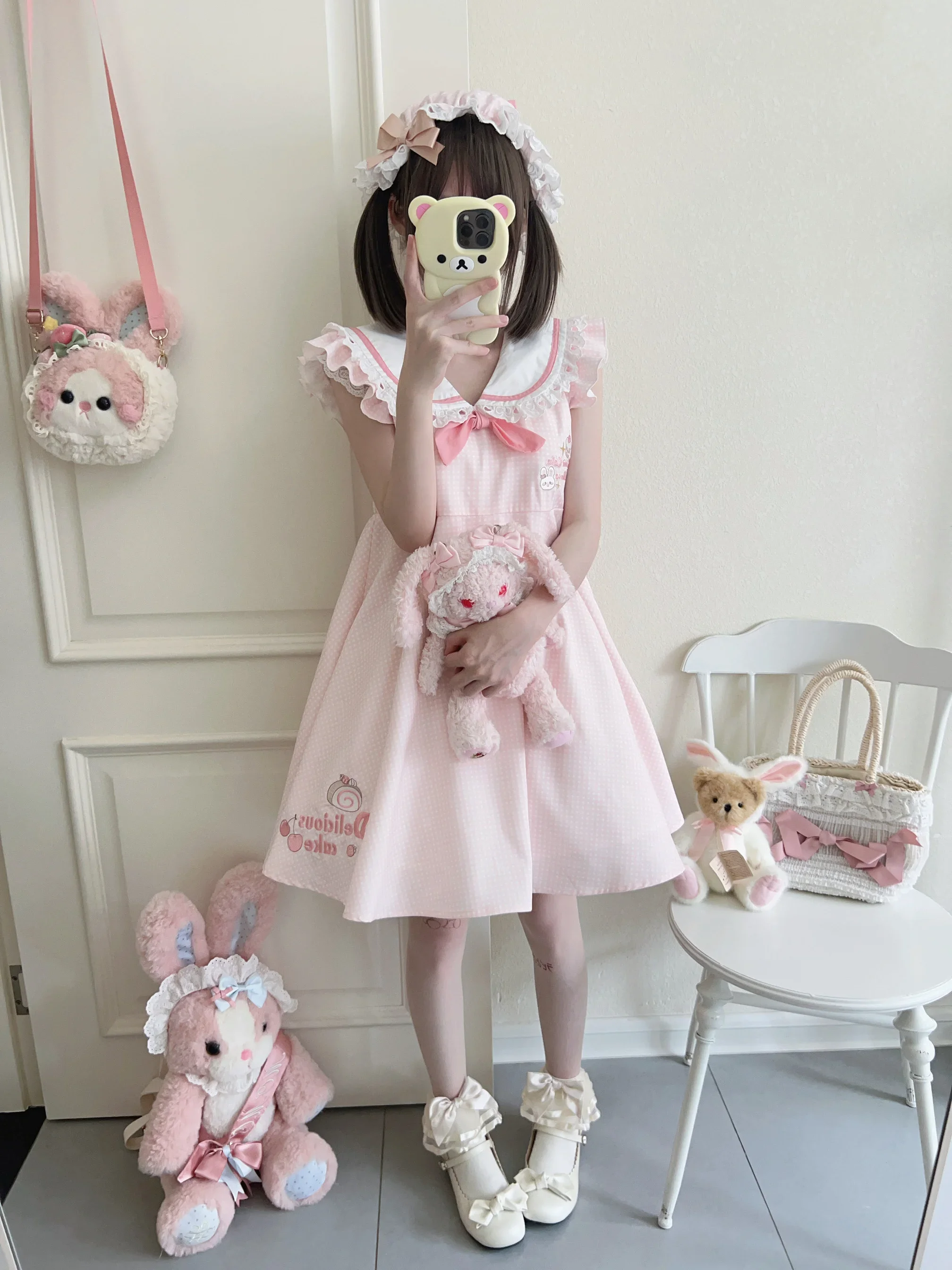 Japanese Style Girl Women\'s Sweet Cute Flying Sleeve Pink Dress Summer Lolita Sailor Collar Pink Plaid Sleeveless Dresses