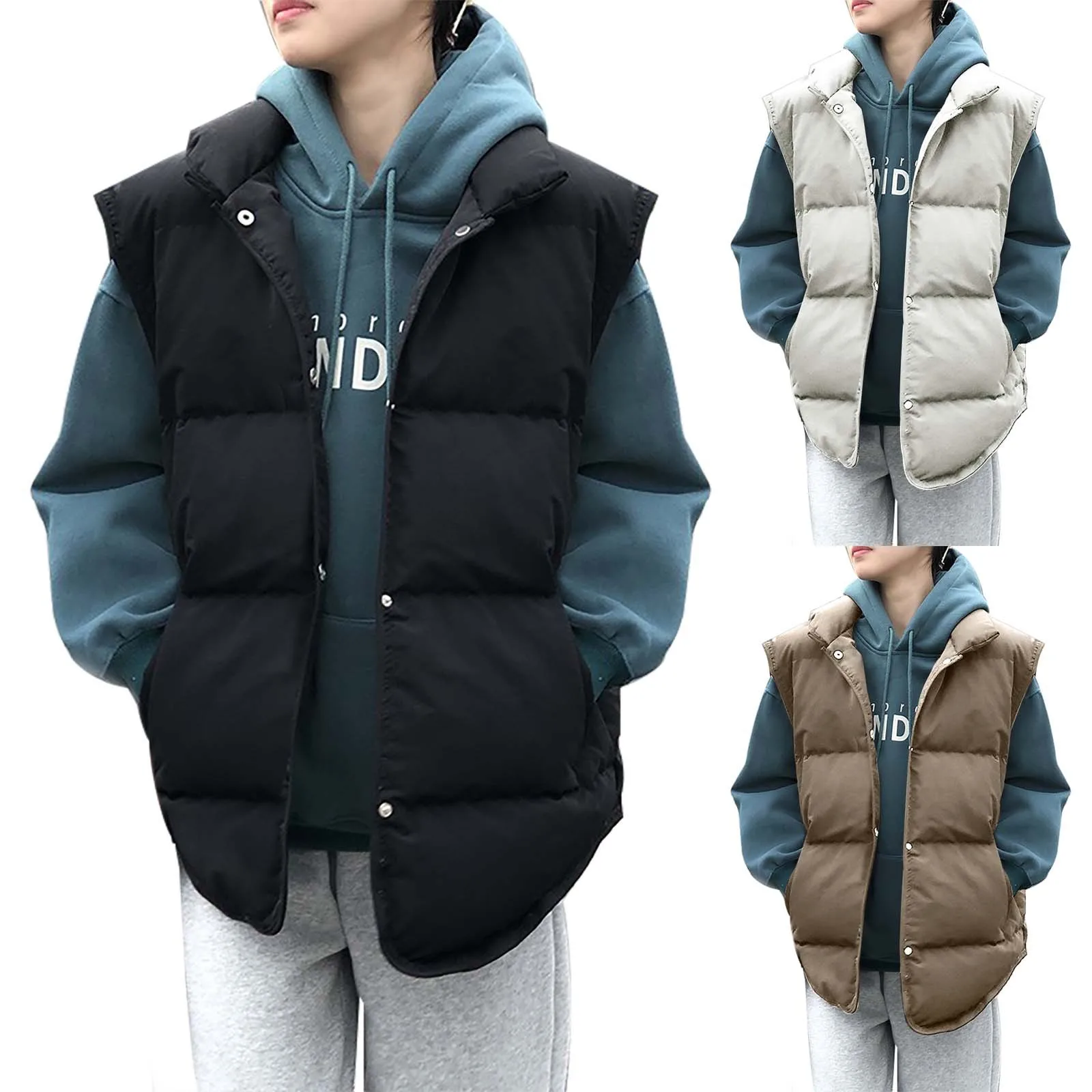 

2023 Women Vest Coat Stand Collar Winter Women Warm Coat Oversize Tops Beige Vest Chaleco Mujer Gilet Casaco Feminino Outwear