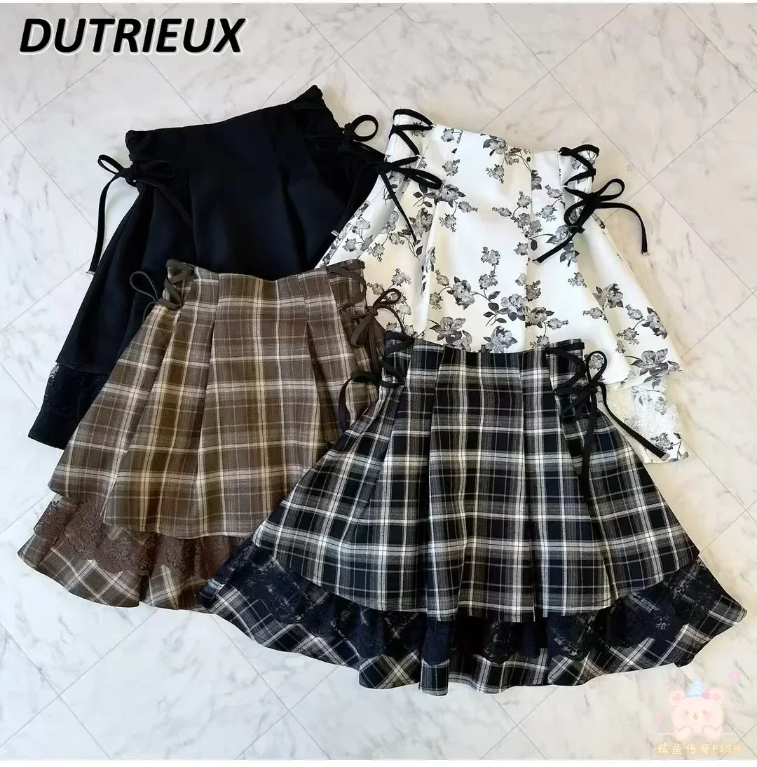 Rojita Skirts Women Autumn New Lace-up Double-Layer Mine Series Colored Lace Plaid Skirt for Women High Waist Ruffles Mini Skirt